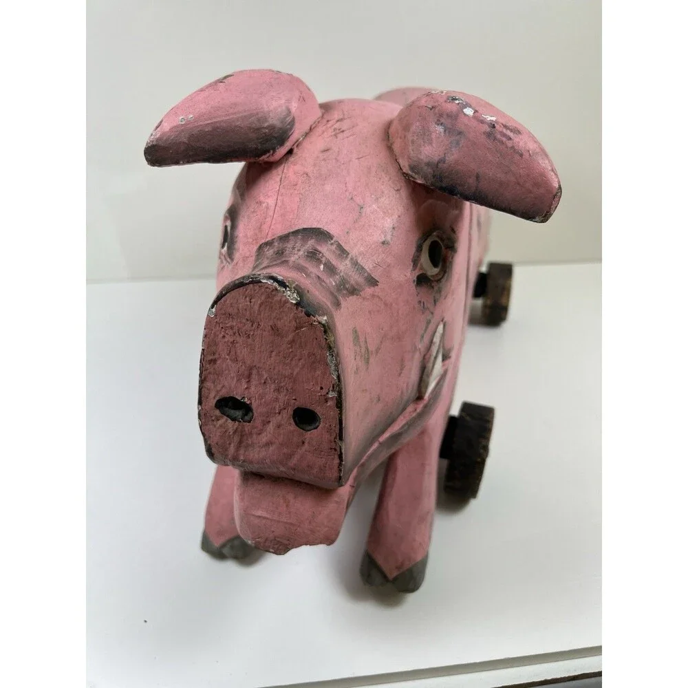 Vintage Handcrafted Carved Wooden Pig on Wheels Art Sculpture Statue Country